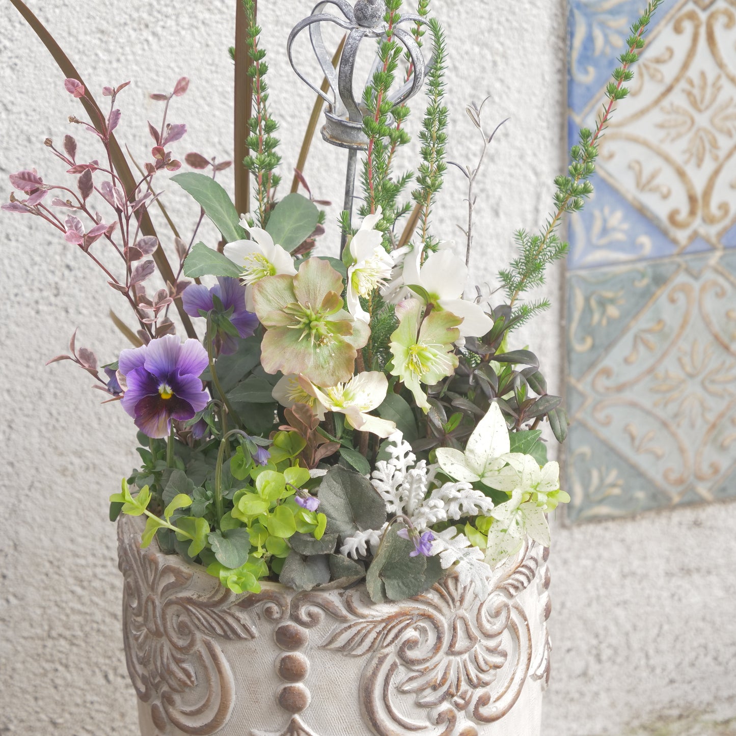 flowermagicオリジナル　クリスマスローズの寄せ植え。クラウンのピック付き。