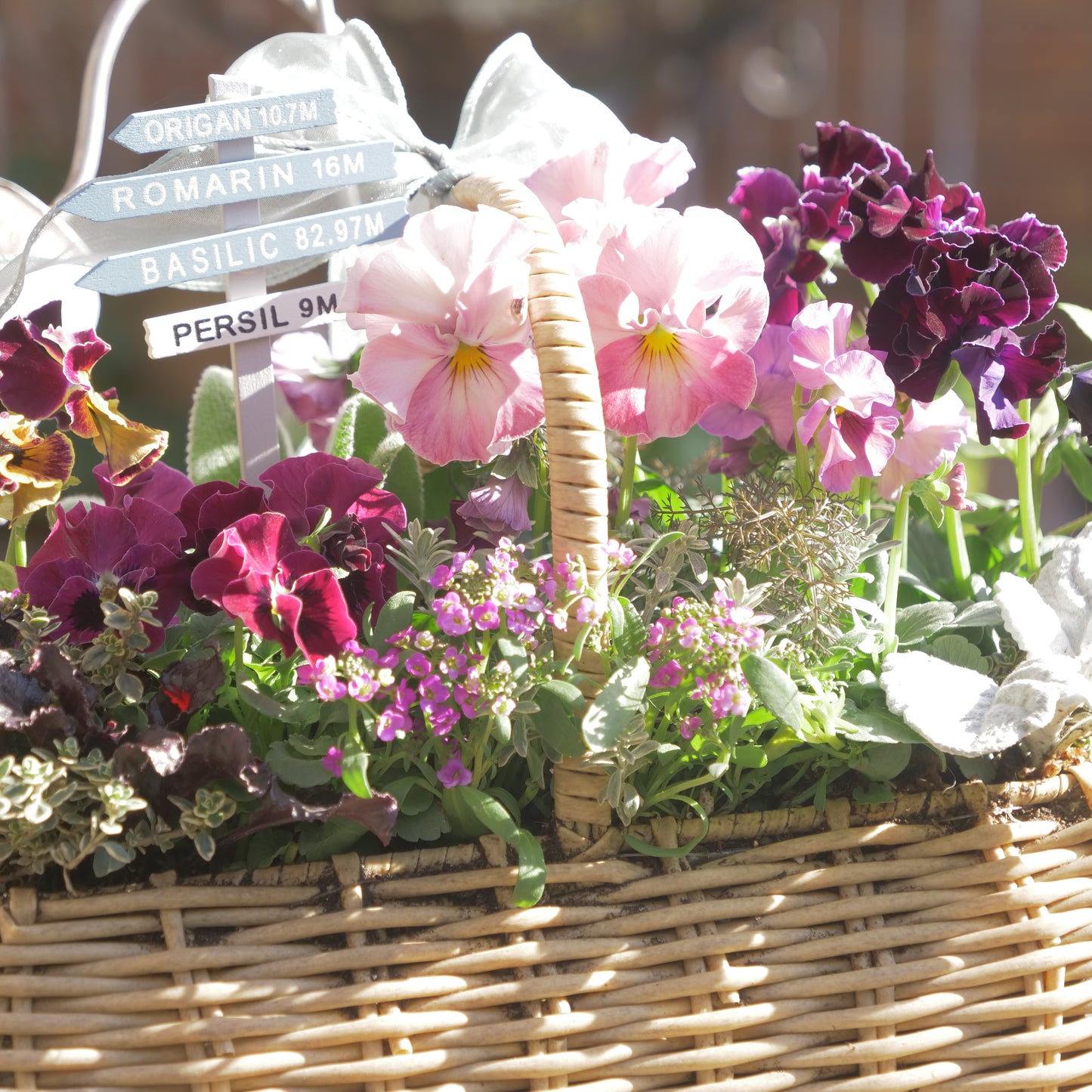 flowermagicオリジナル　　可愛いピンク系のバスケット寄せ植え。ピック付き。